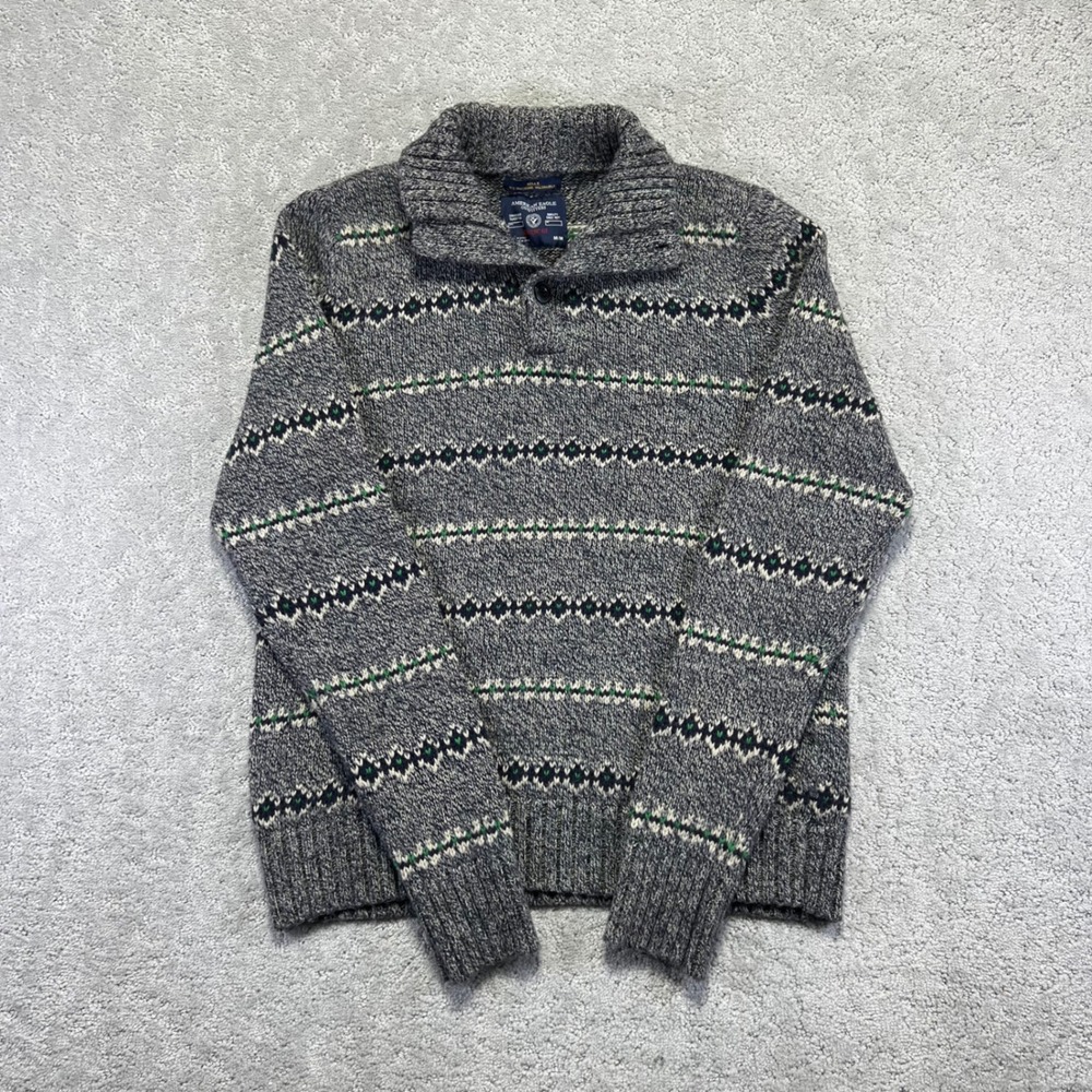 American Eagle Sweater Mens Medium Fair‎ Isle Mock Neck Henley Gray Athletic Fit
